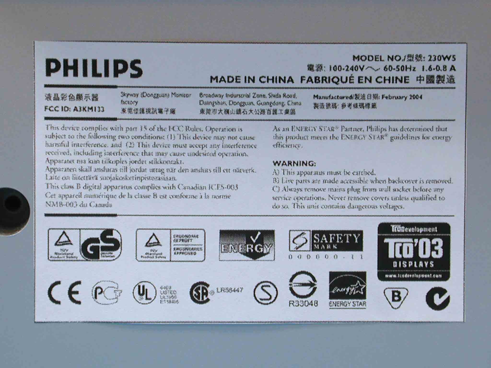 LCD Monitor - FCC ID A3KM133 - Philips Electronics Industries (Taiwan) Ltd
