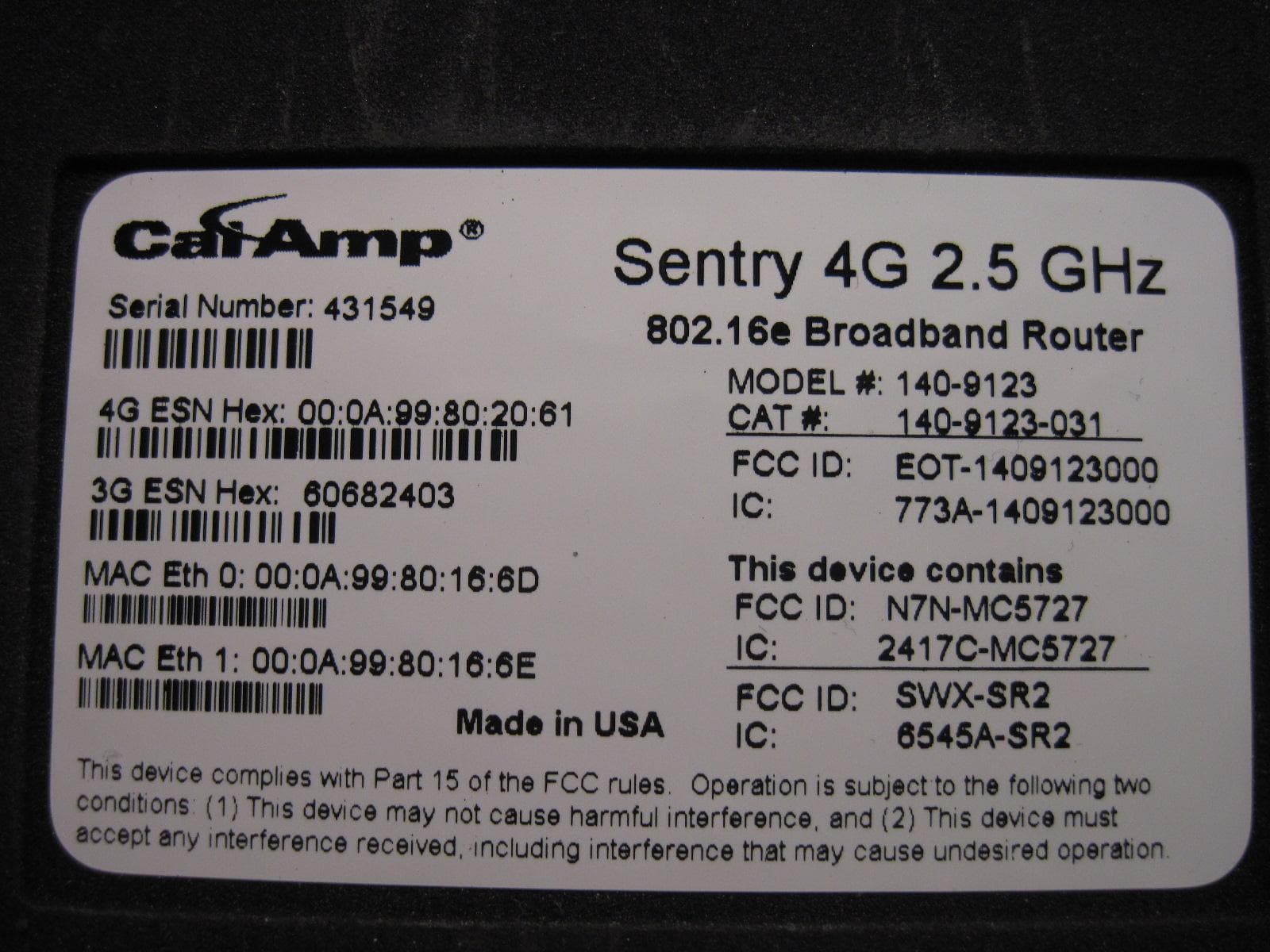 2.5 GHz Wireless Broadband Route - FCC ID EOT-1409123000 - CALAMP WIRELESS NETWORKS INC.