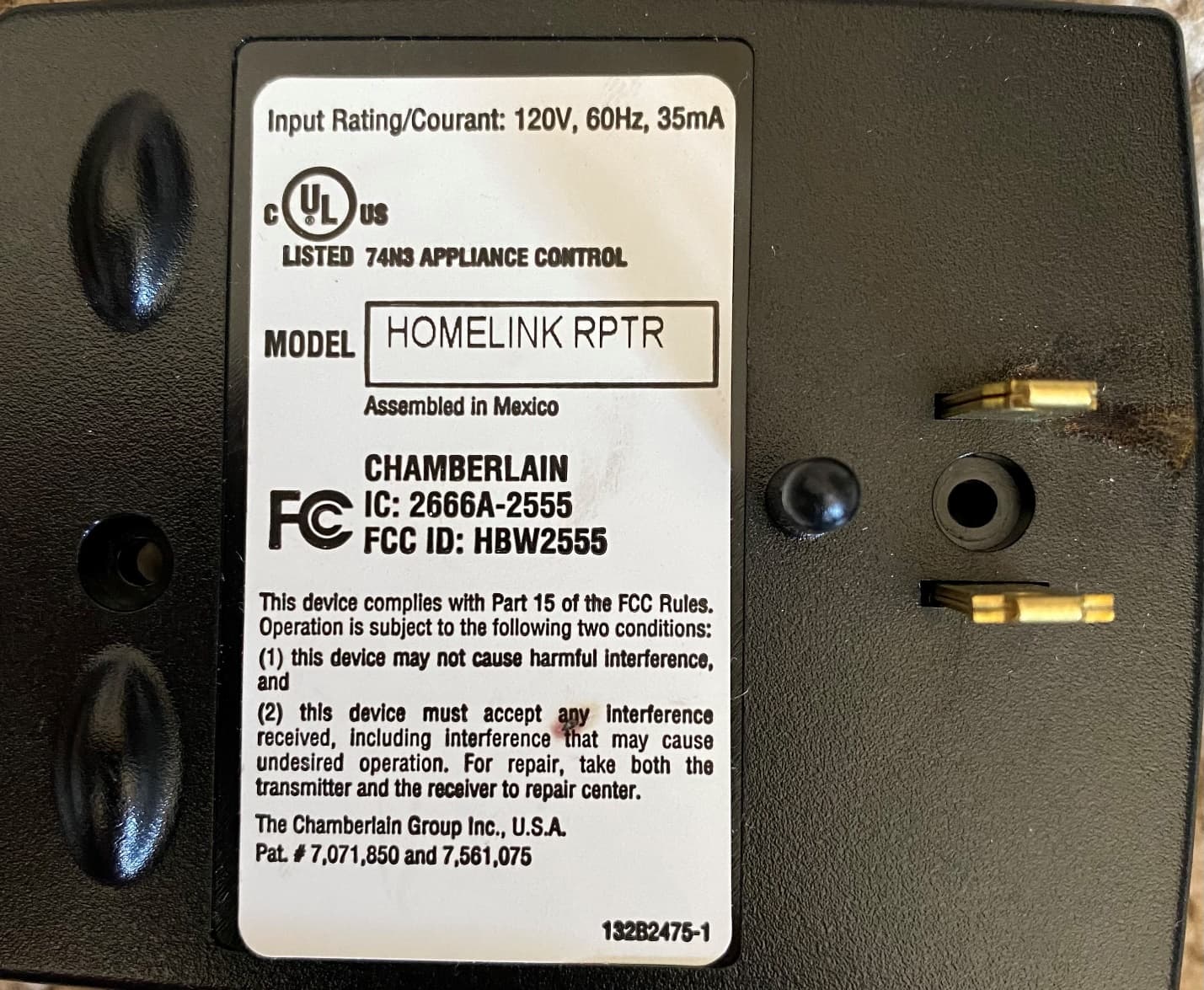 Homelink Rptr MC - FCC ID HBW2555N - Chamberlain Group LLC, The