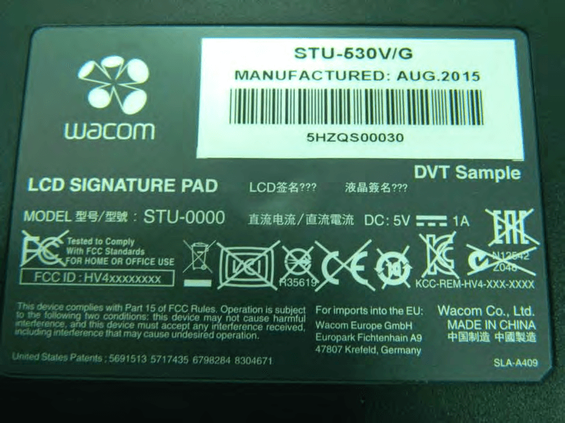 LCD Signature Pad - FCC ID HV4STU530V - Wacom Co Ltd