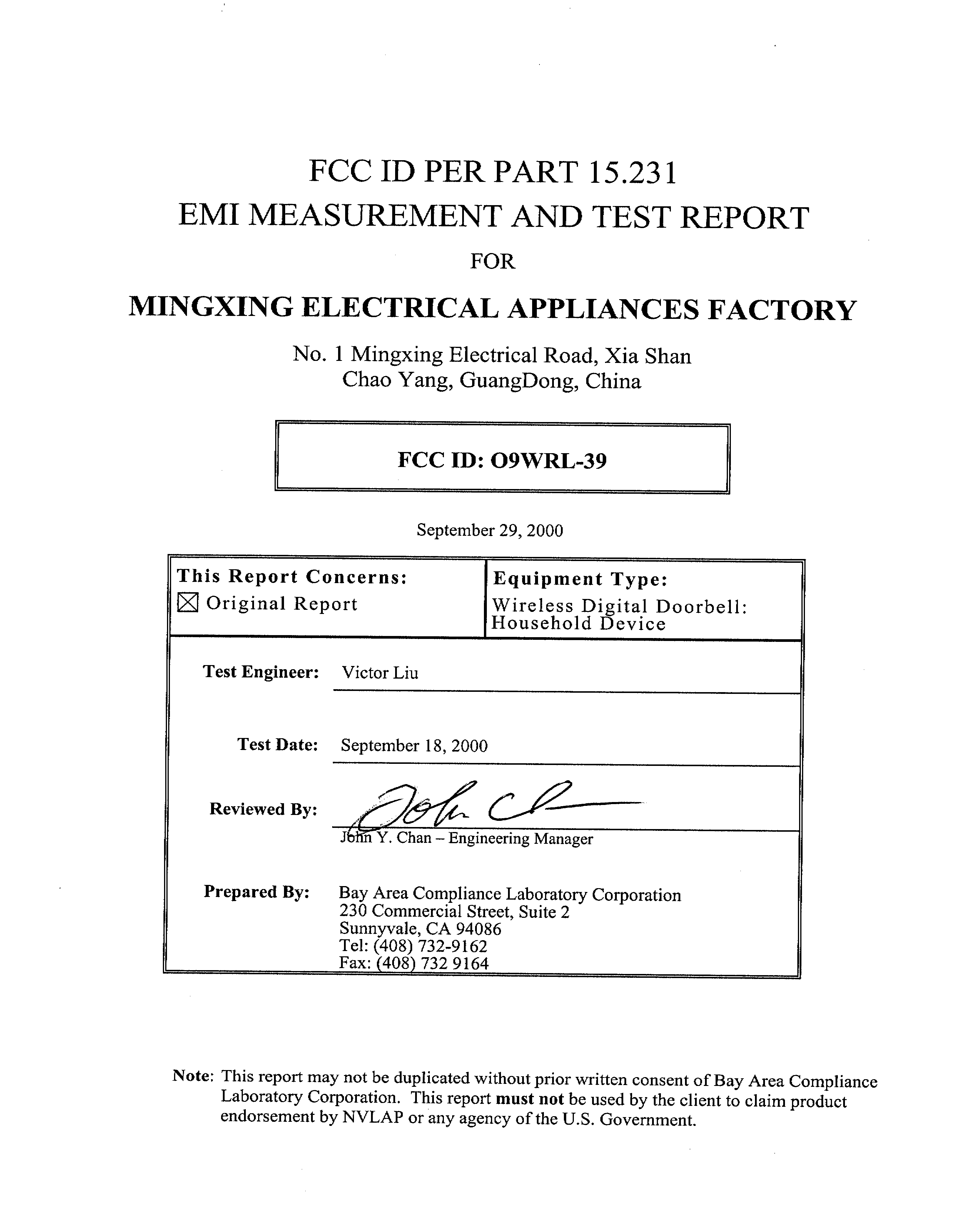 Wireless Doorbell - FCC ID O9WRL-39 - Mingxing Electrical Appliances Factory