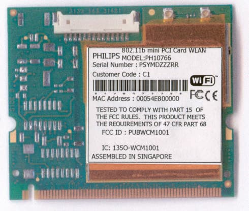 Wireless LAN MiniPCI Combo Card - FCC ID PUBWCM1001 - Philips Components