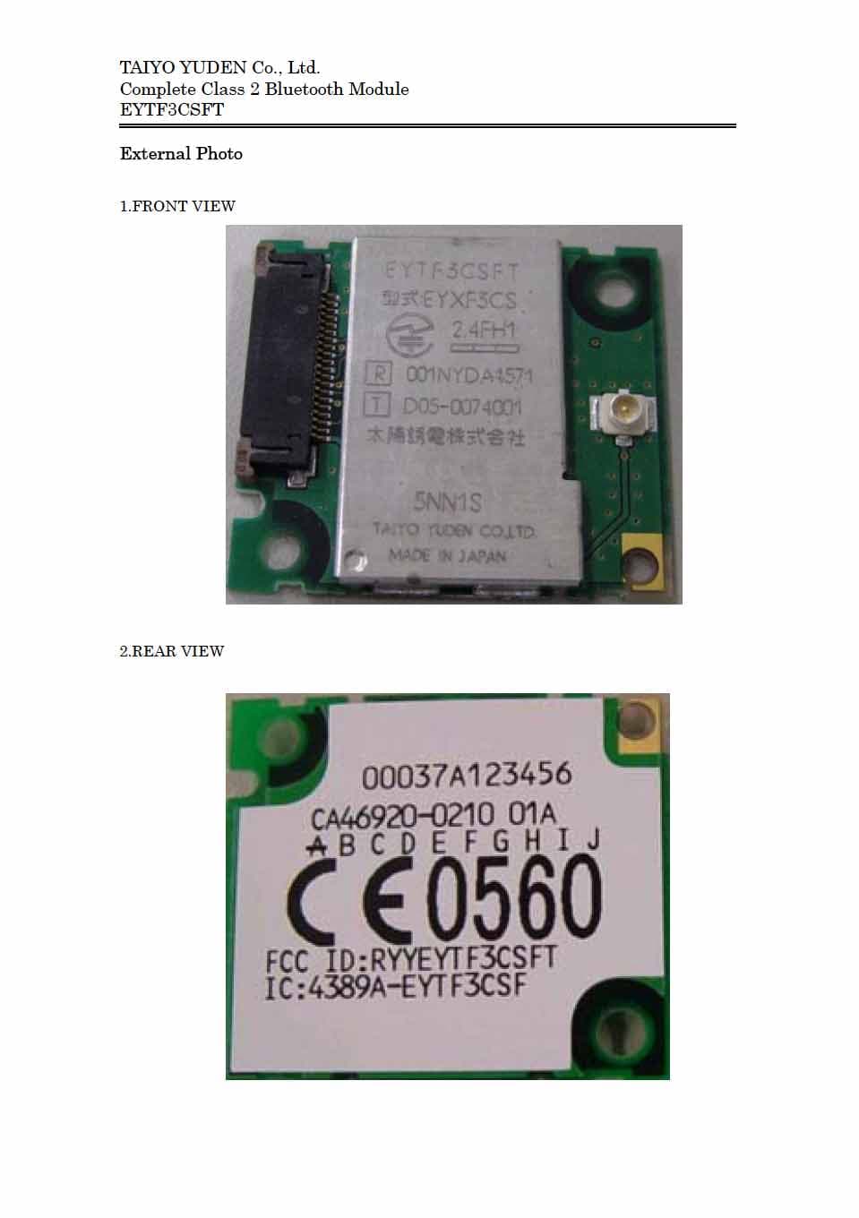 Bluetooth Module - FCC ID RYYEYTF3CSFT - TAIYO YUDEN CO., LTD.
