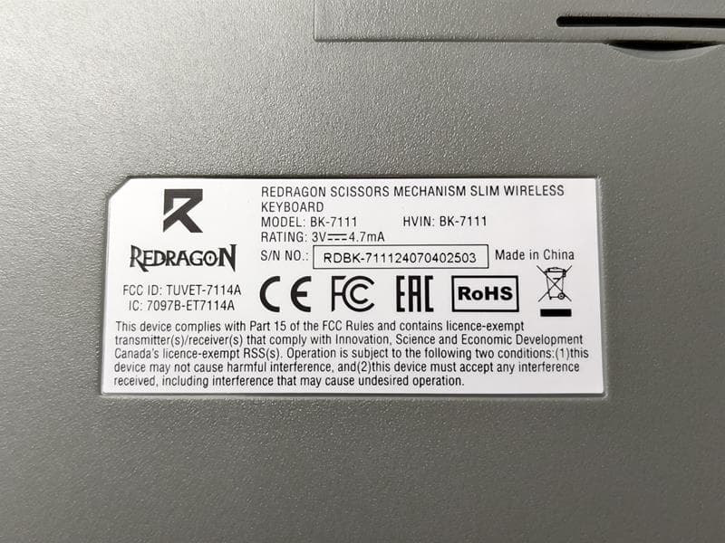 REDRAGON SCISSORS MECHANISM SLIM WIRELESS KEYBOARD, REDRAGON SCISSOR MECHANISM SLIM WIRELESS KEYBOARD - FCC ID TUVET-7114A - Eastern Times Technology Co., Ltd.