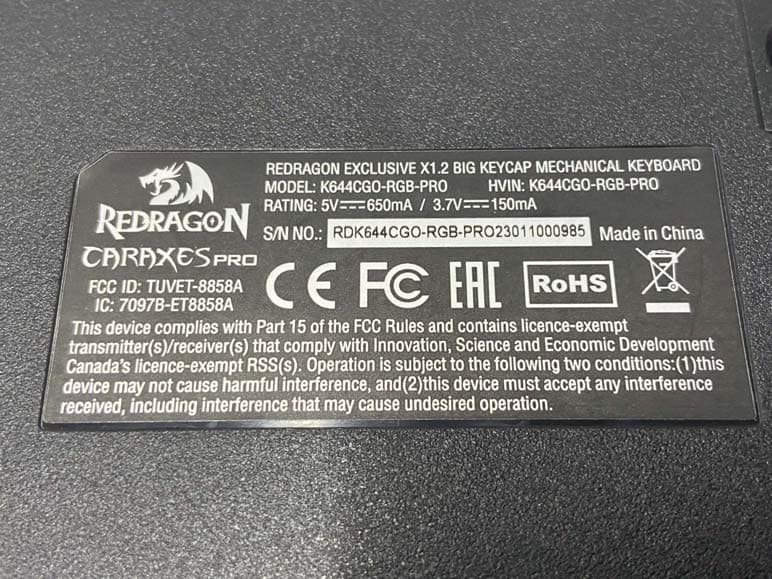 REDRAGON EXCLUSIVE X1.2 BIG KEYCAP MECHANICAL KEYBOARD - FCC ID TUVET-8858A - Eastern Times Technology Co., Ltd.