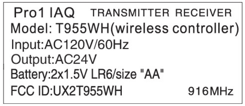 wireless Thermostat - FCC ID UX2T955WH - Bellmate Holdings Ltd.
