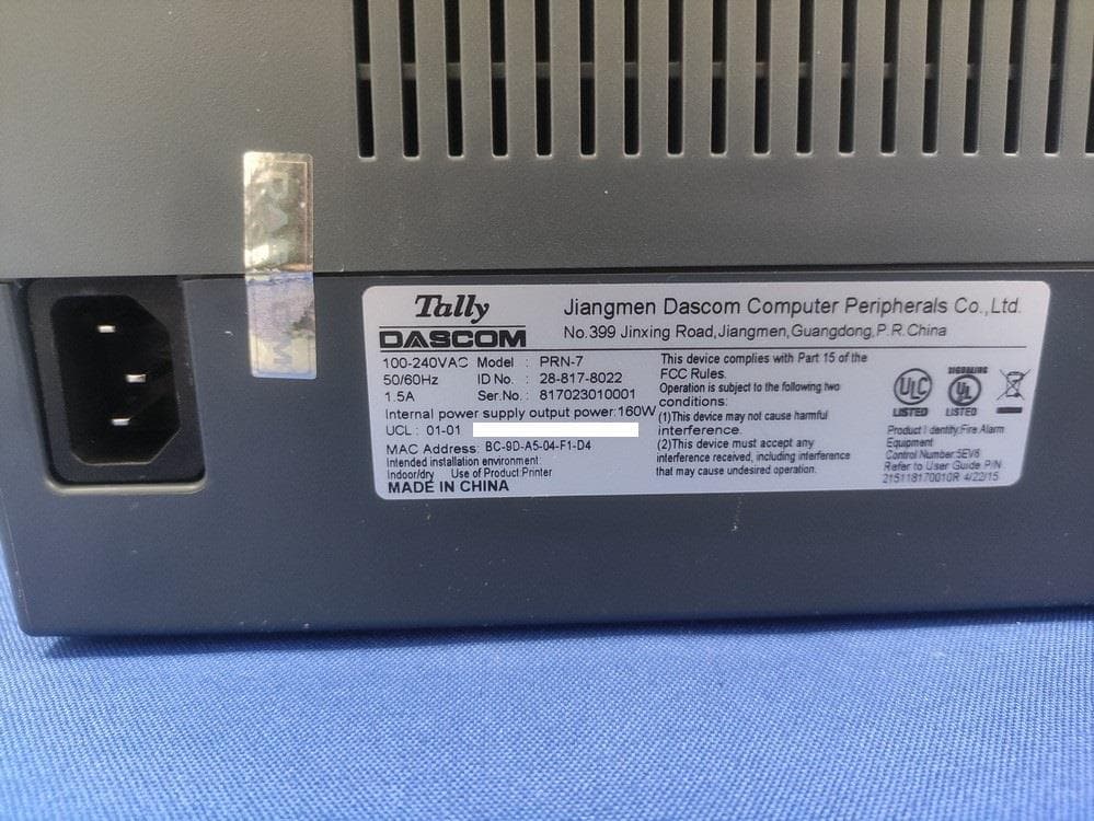 Dot Matrix Printer - FCC ID Z7OTDPRN7 - Jiangmen Dascom Computer Peripherals Co.,Ltd.