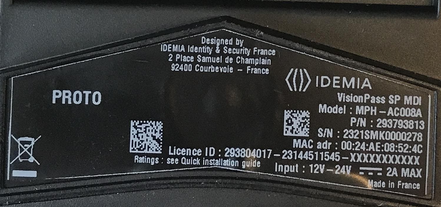 Access control terminal VisionPass SP - FCC ID ZBW-MPHAC008A - IDEMIA Identity & Security France